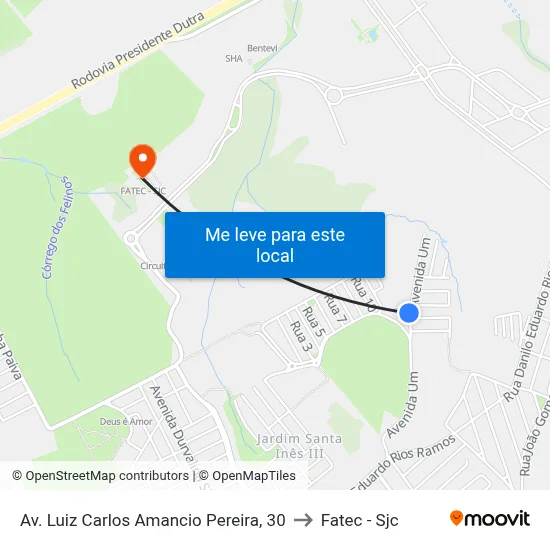 Av. Luiz Carlos Amancio Pereira, 30 to Fatec - Sjc map