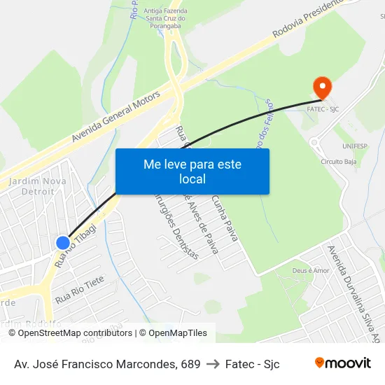 Av. José Francisco Marcondes, 689 to Fatec - Sjc map
