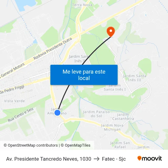 Av. Presidente Tancredo Neves, 1030 to Fatec - Sjc map