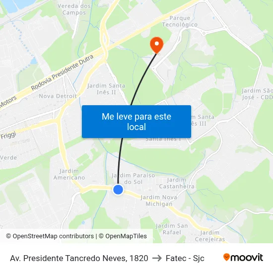 Av. Presidente Tancredo Neves, 1820 to Fatec - Sjc map