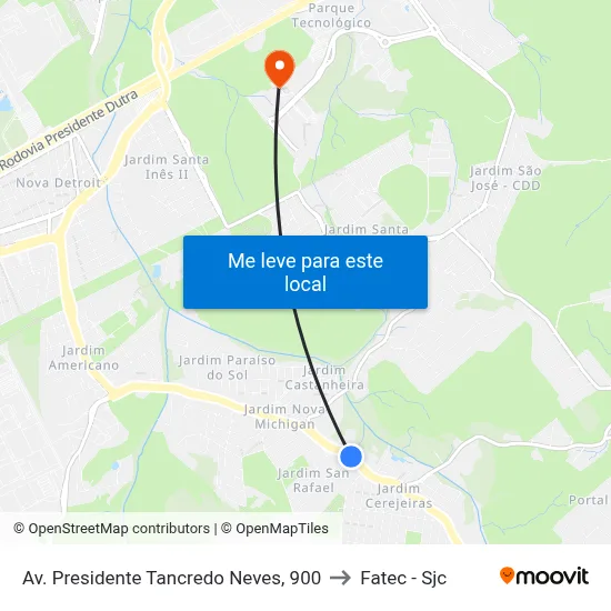 Av. Presidente Tancredo Neves, 900 to Fatec - Sjc map