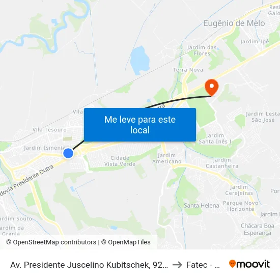 Av. Presidente Juscelino Kubitschek, 9250 to Fatec - Sjc map