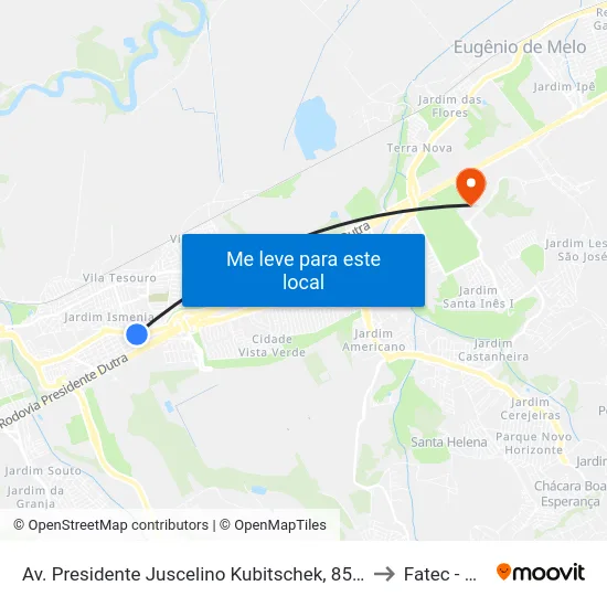 Av. Presidente Juscelino Kubitschek, 8500 to Fatec - Sjc map