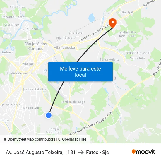 Av. José Augusto Teixeira, 1131 to Fatec - Sjc map