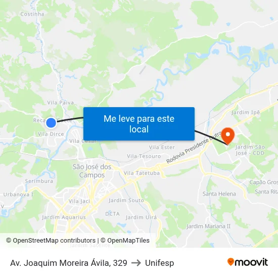 Av. Joaquim Moreira Ávila, 329 to Unifesp map