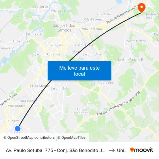Av. Paulo Setúbal 775 - Conj. São Benedito Jacareí - SP 12310-150 Brasil to Unifesp map