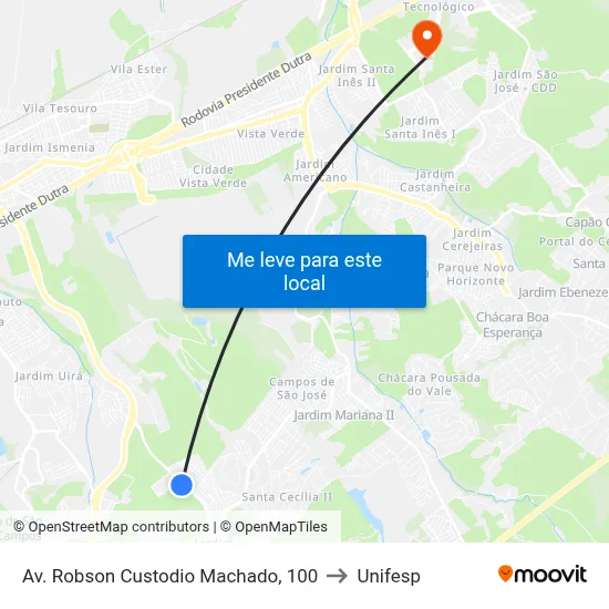 Av. Robson Custodio Machado, 100 to Unifesp map
