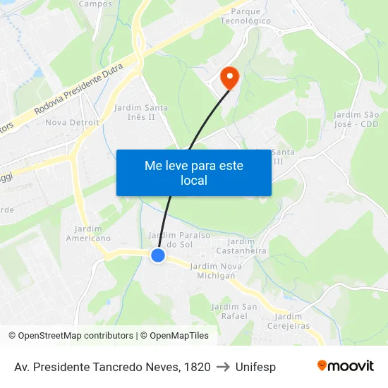 Av. Presidente Tancredo Neves, 1820 to Unifesp map