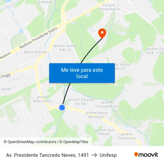 Av. Presidente Tancredo Neves, 1491 to Unifesp map