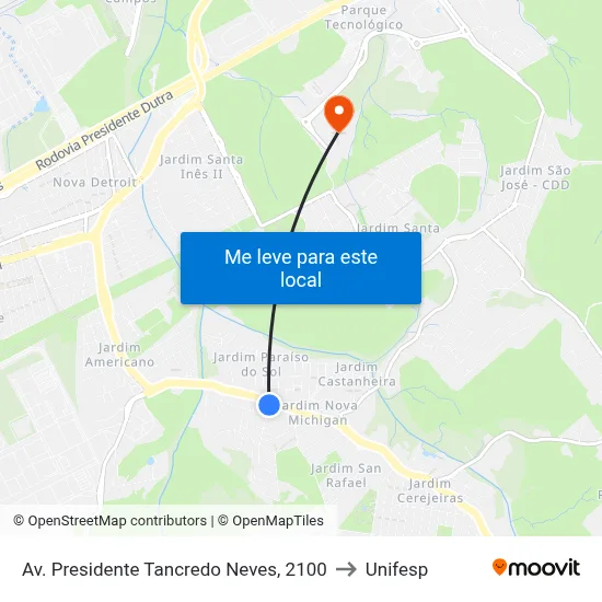 Av. Presidente Tancredo Neves, 2100 to Unifesp map