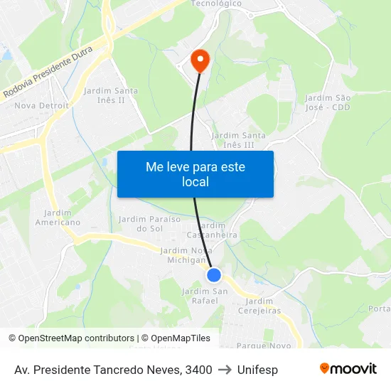 Av. Presidente Tancredo Neves, 3400 to Unifesp map