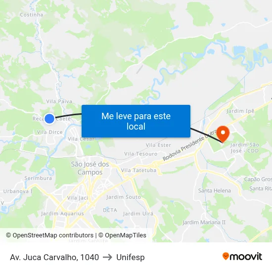 Av. Juca Carvalho, 1040 to Unifesp map