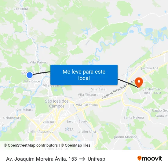 Av. Joaquim Moreira Ávila, 153 to Unifesp map