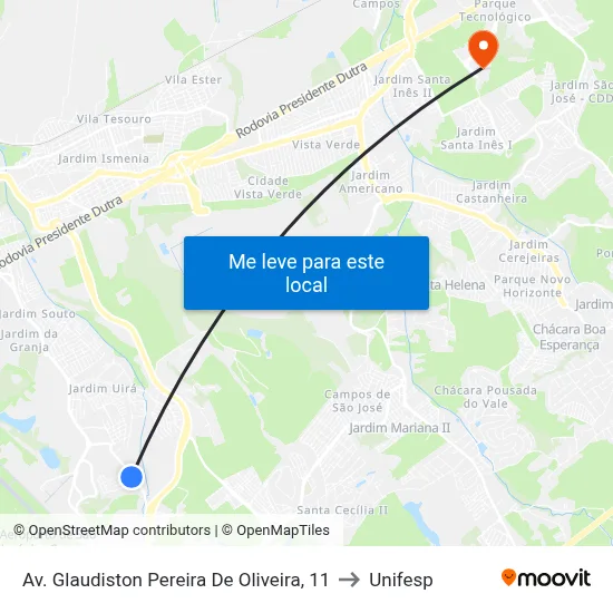 Av. Glaudiston Pereira De Oliveira, 11 to Unifesp map