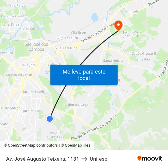 Av. José Augusto Teixeira, 1131 to Unifesp map