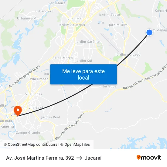 Av. José Martins Ferreira, 392 to Jacareí map