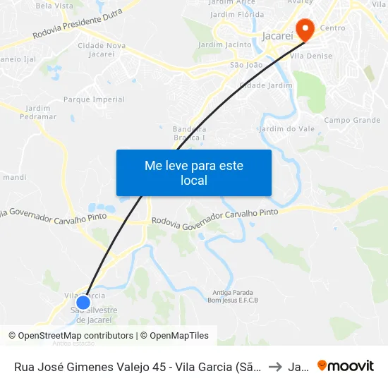 Rua José Gimenes Valejo 45 - Vila Garcia (São Silvestre) SP 12341-050 Brasil to Jacareí map