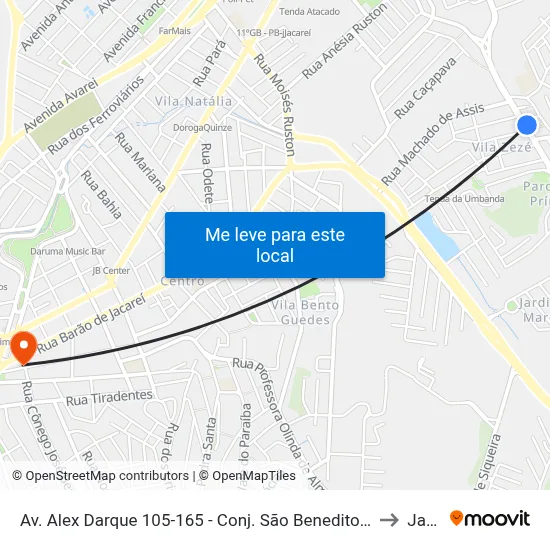 Av. Alex Darque 105-165 - Conj. São Benedito Jacareí - SP 12310-470 Brasil to Jacareí map