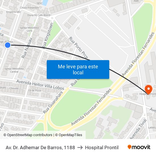 Av. Dr. Adhemar De Barros, 1188 to Hospital Prontil map