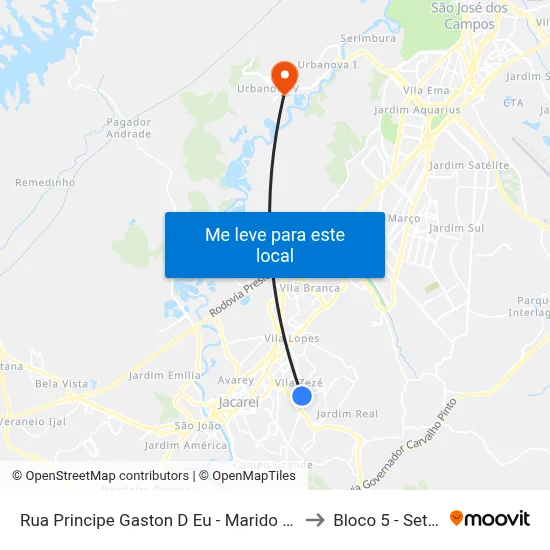 Rua Principe Gaston D Eu - Marido Da Princesa Isabel Zona Preferencial 01 - Zap 1 Jacareí - São Paulo 12310 Brasil to Bloco 5 - Setores Administrativos Fve / Univap map