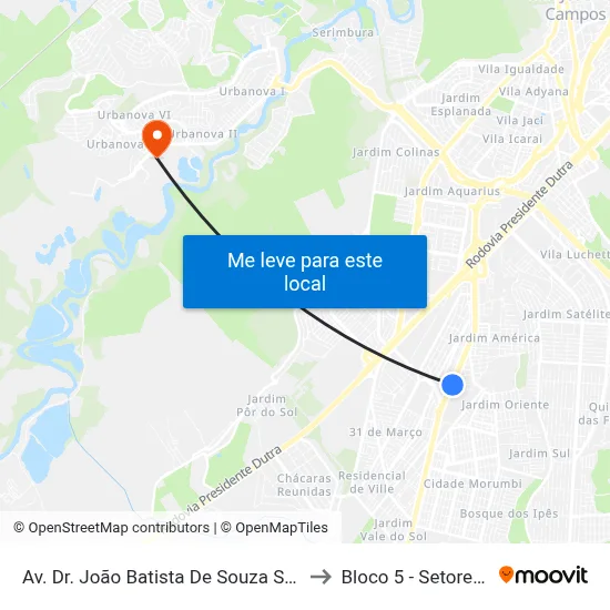 Av. Dr. João Batista De Souza Soares, 1385 - Jardim America, São José Dos Campos to Bloco 5 - Setores Administrativos Fve / Univap map