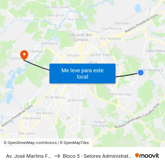 Av. José Martins Ferreira, 301 to Bloco 5 - Setores Administrativos Fve / Univap map