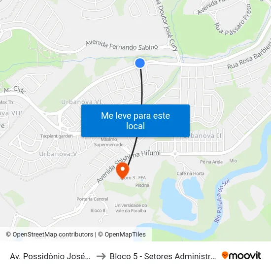 Av. Possidônio José De Freitas, 51 to Bloco 5 - Setores Administrativos Fve / Univap map