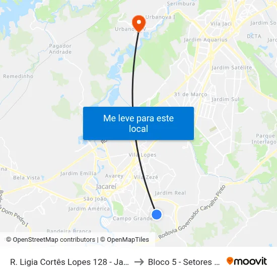 R. Ligia Cortês Lopes 128 - Jardim Paraiso Jacareí - SP 12316-520 Brasil to Bloco 5 - Setores Administrativos Fve / Univap map