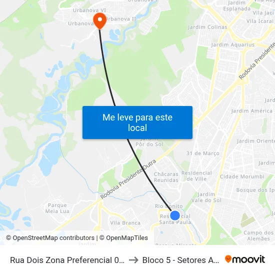 Rua Dois Zona Preferencial 02 - Zap 2 A Jacareí - São Paulo Brasil to Bloco 5 - Setores Administrativos Fve / Univap map