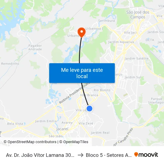 Av. Dr. João Vítor Lamana 306 - Parque California Jacareí - SP Brasil to Bloco 5 - Setores Administrativos Fve / Univap map