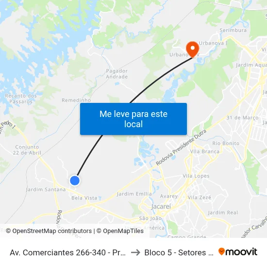Av. Comerciantes 266-340 - Primeiro De Maio Jacareí - SP 12332-590 Brasil to Bloco 5 - Setores Administrativos Fve / Univap map