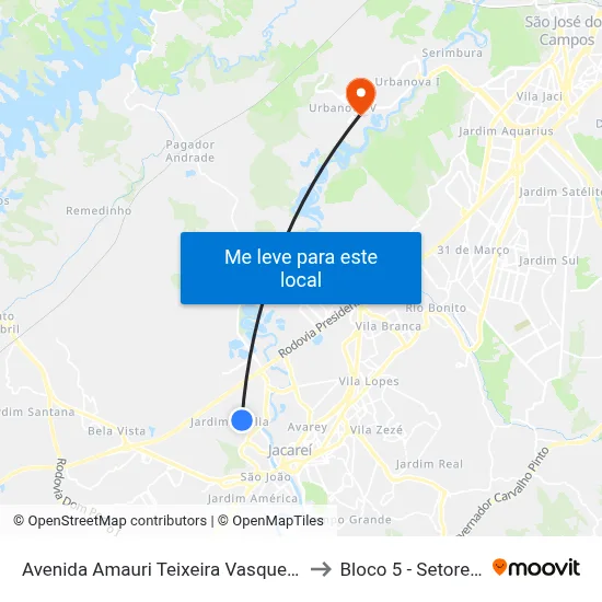 Avenida Amauri Teixeira Vasques 241-299 - Jardim Emília Jacareí - SP 12321-420 Brasil to Bloco 5 - Setores Administrativos Fve / Univap map