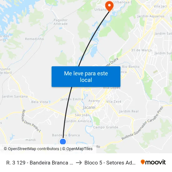 R. 3 129 - Bandeira Branca Jacareí - SP 12323-364 Brasil to Bloco 5 - Setores Administrativos Fve / Univap map