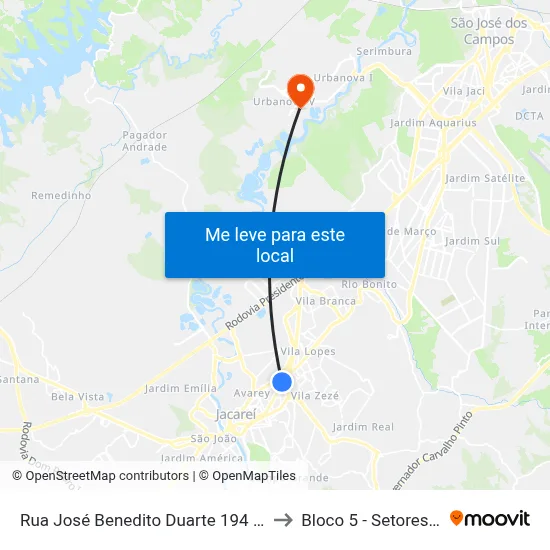 Rua José Benedito Duarte 194 - Parque Itamarati Jacareí - SP 12307-200 Brasil to Bloco 5 - Setores Administrativos Fve / Univap map