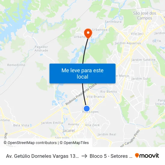 Av. Getúlio Dorneles Vargas 1301-1395 - Jardim California Jacareí - SP Brasil to Bloco 5 - Setores Administrativos Fve / Univap map