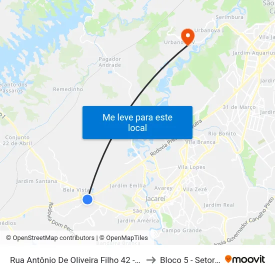 Rua Antônio De Oliveira Filho 42 - Cidade Nova Jacareí Jacareí - SP República Federativa Do Brasil to Bloco 5 - Setores Administrativos Fve / Univap map