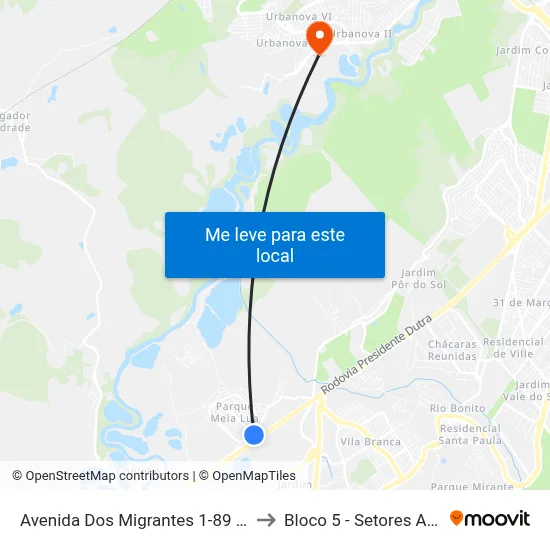 Avenida Dos Migrantes 1-89 - Parque Meia Lua Jacareí - SP Brasil to Bloco 5 - Setores Administrativos Fve / Univap map