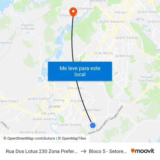 Rua Dos Lotus 230 Zona Preferencial 02 - Zap 2 A Jacareí - São Paulo 12315 Brasil to Bloco 5 - Setores Administrativos Fve / Univap map