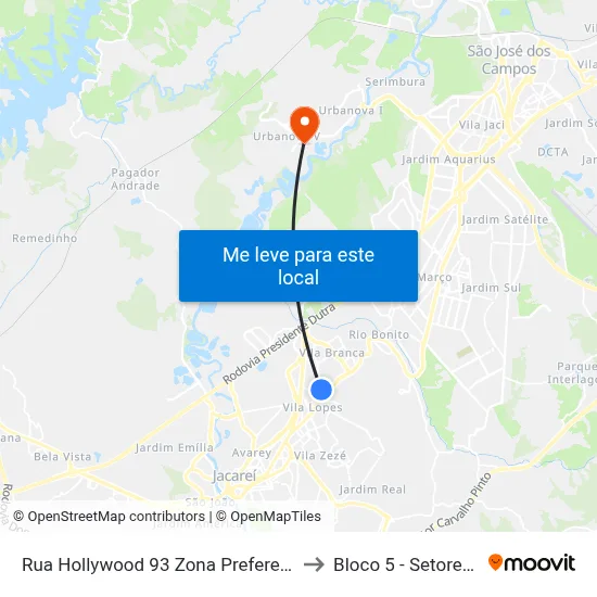 Rua Hollywood 93 Zona Preferencial 01 - Zap 1 Jacareí - São Paulo 12305-740 Brasil to Bloco 5 - Setores Administrativos Fve / Univap map