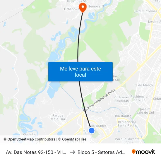 Av. Das Notas 92-150 - Vila Branca Jacareí - SP Brasil to Bloco 5 - Setores Administrativos Fve / Univap map