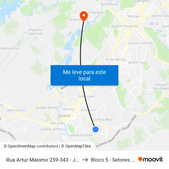 Rua Artur Máximo 259-343 - Jardim Paraíso Jacareí - SP 12316-300 Brasil to Bloco 5 - Setores Administrativos Fve / Univap map