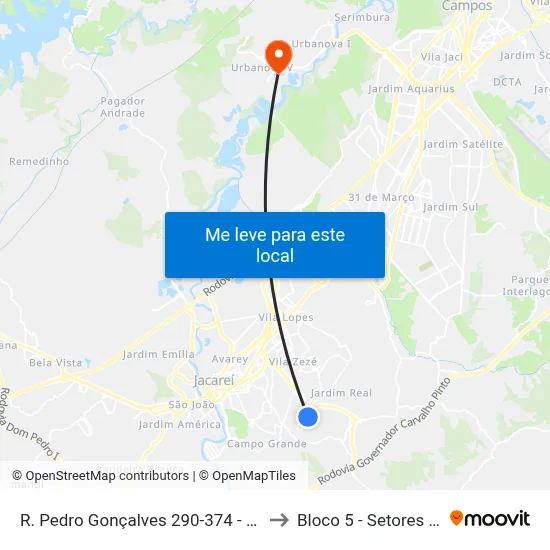 R. Pedro Gonçalves 290-374 - Jardim Paraiso Jacareí - SP 12316-220 Brasil to Bloco 5 - Setores Administrativos Fve / Univap map