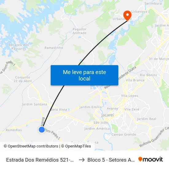Estrada Dos Remédios 521-565 - Veraneio Irajá Jacareí - SP Brasil to Bloco 5 - Setores Administrativos Fve / Univap map