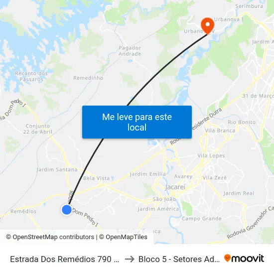 Estrada Dos Remédios 790 - Veraneio Irajá Jacareí - SP Brasil to Bloco 5 - Setores Administrativos Fve / Univap map