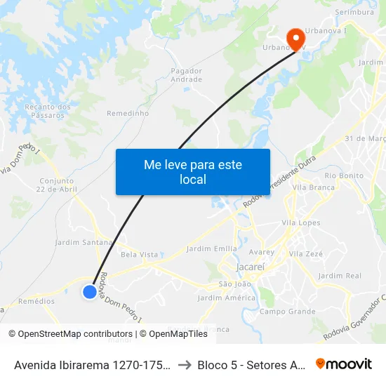 Avenida Ibirarema 1270-1758 - Veraneio Irajá Jacareí - SP Brasil to Bloco 5 - Setores Administrativos Fve / Univap map