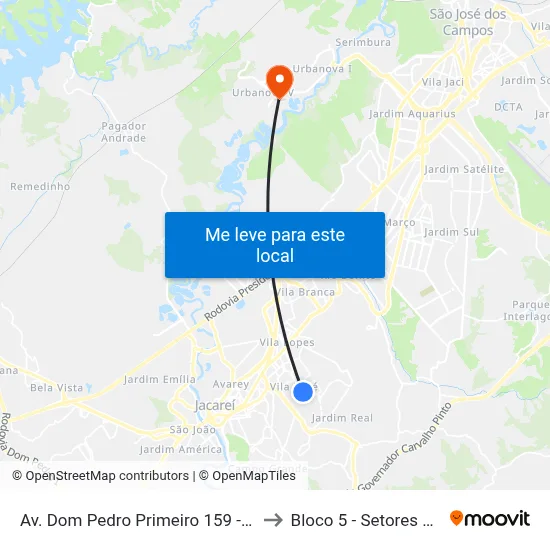 Av. Dom Pedro Primeiro 159 - Parque Dos Príncipes Jacareí - SP Brasil to Bloco 5 - Setores Administrativos Fve / Univap map