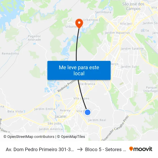 Av. Dom Pedro Primeiro 301-371 - Parque Dos Príncipes Jacareí - SP Brasil to Bloco 5 - Setores Administrativos Fve / Univap map