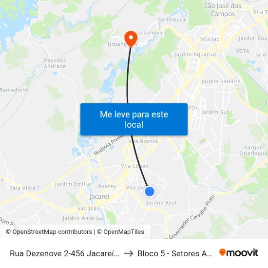 Rua Dezenove 2-456 Jacareí - SP República Federativa Do Brasil to Bloco 5 - Setores Administrativos Fve / Univap map