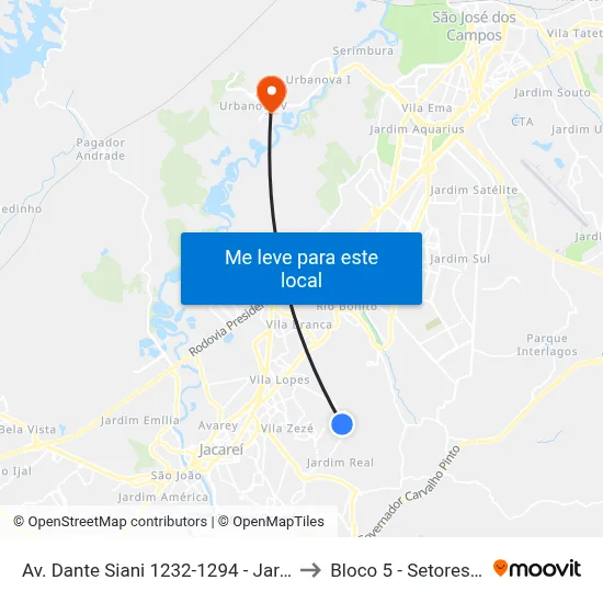 Av. Dante Siani 1232-1294 - Jardim Santa Marina Jacareí - SP 12312-420 Brasil to Bloco 5 - Setores Administrativos Fve / Univap map