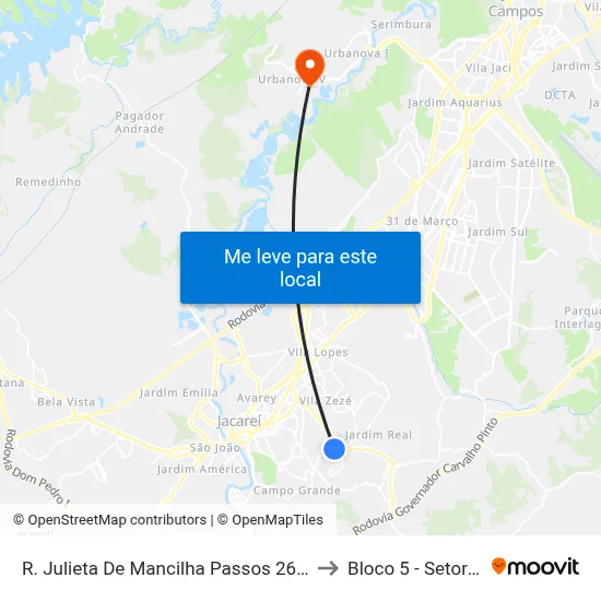 R. Julieta De Mancilha Passos 262-296 - Jardim Novo Amanhecer Jacareí - SP 12316-570 Brasil to Bloco 5 - Setores Administrativos Fve / Univap map